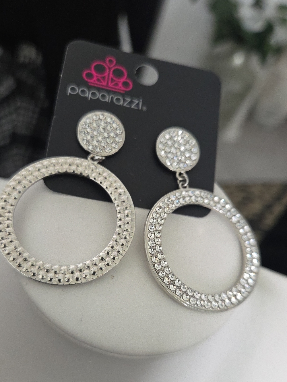 Paparazzi White Rhinestone Hoop Post Earrings NWT